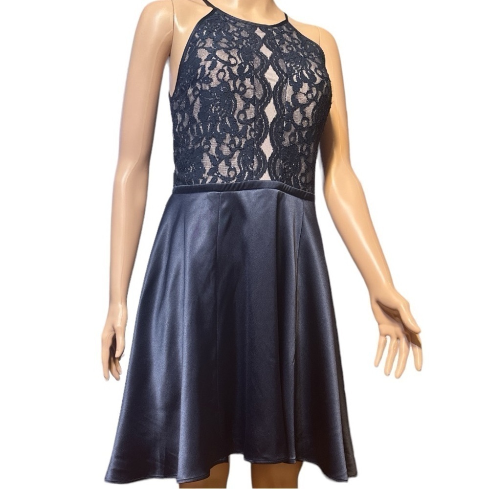 My Michelle Navy Blue High Neck Sleeveless Lace Satin High Low Formal Midi Dress